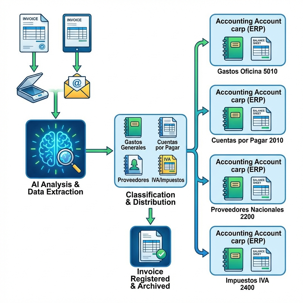 Diagrama de flujo visual que muestra cómo una factura entra en el sistema, es analizada por la IA y se distribuye a las diferentes cuentas contables automáticamente.