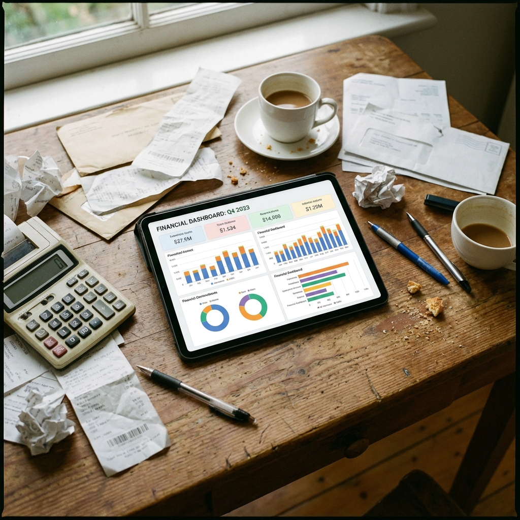 Fotografía cenital de un escritorio desordenado con recibos de papel y una calculadora, contrastado con una tablet mostrando un dashboard financiero limpio y organizado.