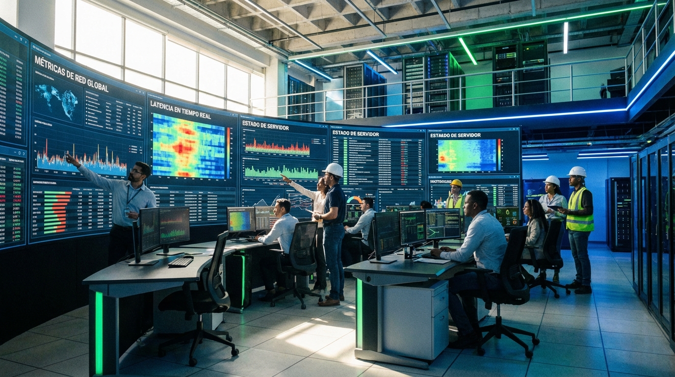 Fotografía de un equipo de ingenieros analizando métricas en pantallas grandes en un centro de operaciones de red (NOC) moderno.