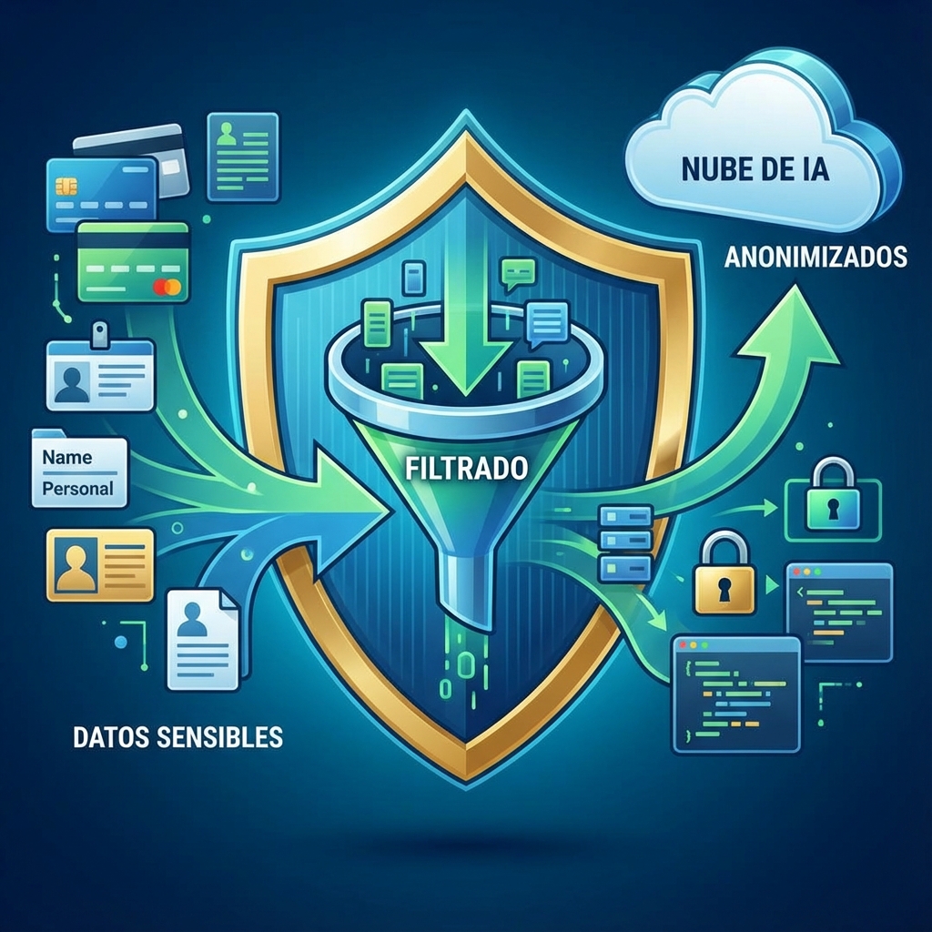 Gráfico de escudo de seguridad digital que ilustra el filtrado de datos. A un lado, datos sensibles (tarjetas, nombres) entrando en un filtro, y al otro lado, datos anonimizados saliendo hacia la nube de IA.