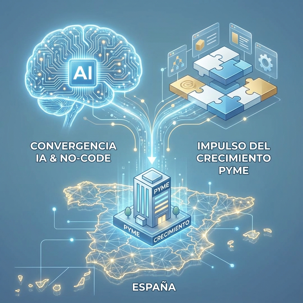 Gráfico futurista y limpio que muestra la convergencia entre un cerebro digital (IA) y bloques de construcción visuales (No-Code), impulsando el crecimiento de una pyme representada por un icono de edificio moderno sobre un mapa de España estilizado.