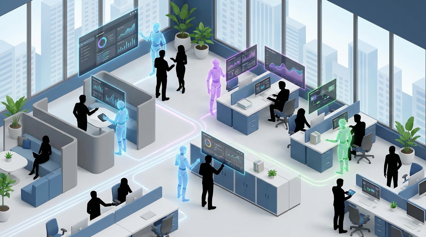 Ilustración isométrica de una oficina moderna donde siluetas humanas colaboran con avatares de luz que representan agentes de IA, gestionando tableros de datos y flujos de trabajo en pantallas flotantes. Estilo corporativo y tecnológico.