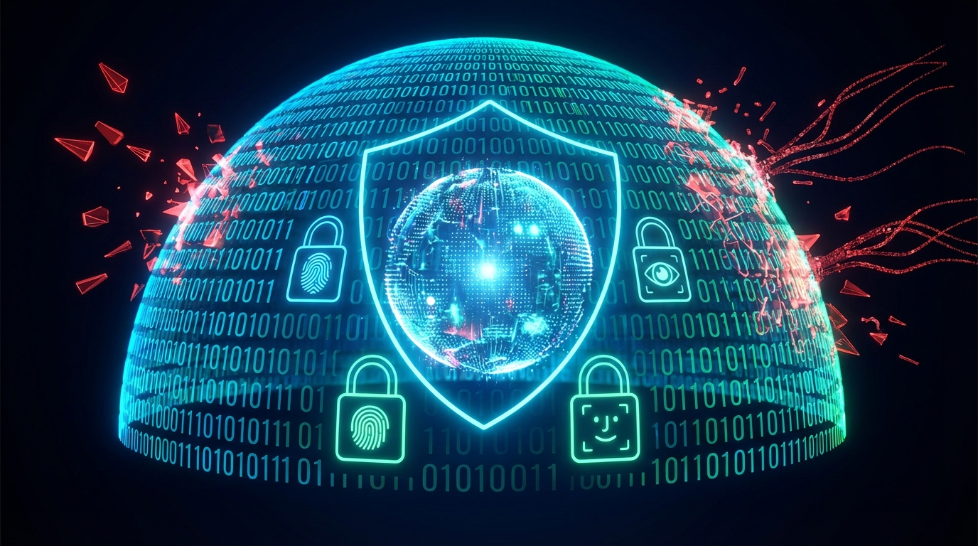Representación abstracta de un escudo digital compuesto por código binario y candados biométricos, protegiendo una estructura de datos central contra amenazas externas rojas.
