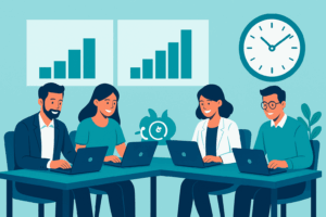 Portada para blog profesional sobre automatización en pymes. Escena de un pequeño equipo de oficina moderna, trabajando en laptops, con gráficos de barras ascendentes y relojes mostrando ahorro de tiempo.